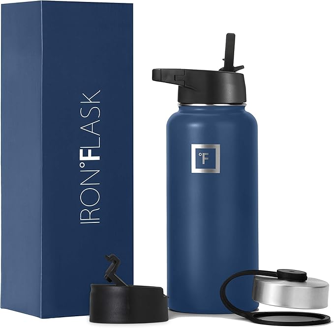 IRON °FLASK Camping & Hiking Hydration Flask, Wide Mouth, 3 Straw Lids, Stainless Steel Outdoor Water Bottle, Double Walled, Insulated Thermos, Metal Canteen - Twilight Blue, 32 Oz