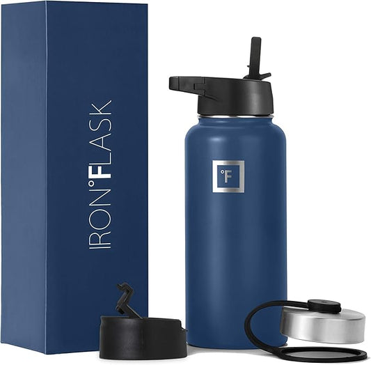 IRON °FLASK Camping & Hiking Hydration Flask, Wide Mouth, 3 Straw Lids, Stainless Steel Outdoor Water Bottle, Double Walled, Insulated Thermos, Metal Canteen - Twilight Blue, 32 Oz