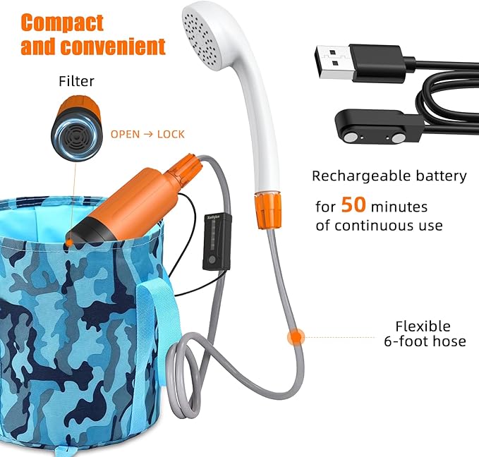 Portable Electric Shower Travel rain Shower Pump Camping Shower kit and 6.5 Gallon Folding Bucket for Indoor or Outdoor Shower car Cleaning pet Bath
