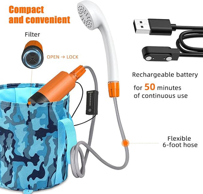 Portable Electric Shower Travel rain Shower Pump Camping Shower kit and 6.5 Gallon Folding Bucket for Indoor or Outdoor Shower car Cleaning pet Bath