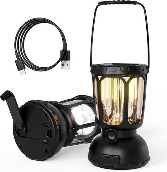 650LM LED Camping Lantern with 6000mAh 10-200hrs Battery Life, Hand Crank /Solar Powered /Type-C Rechargeable for Power Outages, Warm/Cold Light Stepless Dimmable 650 Lumen,(1 Pack)…