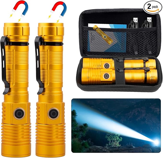 Small Tactical Flashlights 20000 High Lumens - 1500 Meters Long Beam Super Bright LED Magnetic Flashlight USB Rechargeable Zoomable 5Modes Long Beam Spotlight Flashlight for Hiking, Camping-Gold