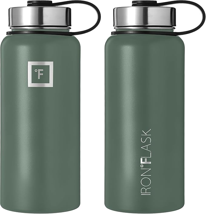 IRON °FLASK Camping & Hiking Hydration Flask, Wide Mouth, 3 Straw Lids, Stainless Steel Outdoor Water Bottle, Double Walled, Insulated Thermos, Metal Canteen - Sage, 32 Oz