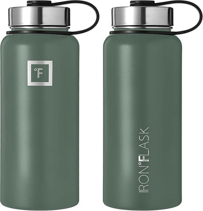IRON °FLASK Camping & Hiking Hydration Flask, Wide Mouth, 3 Straw Lids, Stainless Steel Outdoor Water Bottle, Double Walled, Insulated Thermos, Metal Canteen - Sage, 32 Oz