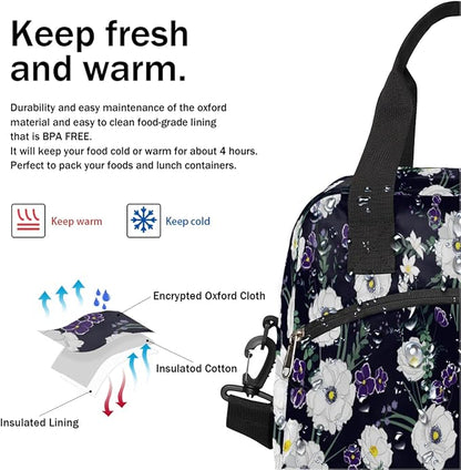 Flower Floral White Insulated Lunch Bags for Women Men Adult Reusable Lunch Tote Therma Cooler Bag with Shoulder Strap Lunch Box for School Work Office Picnic Meal Prep Bag