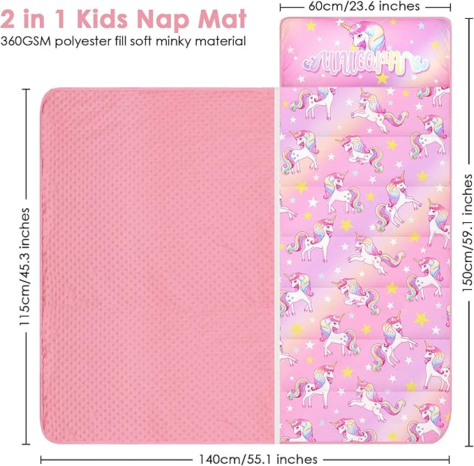 Kids Sleeping Bag Nap Mat with Removable Pillow and Blanket,Extra Thick Large 2 in 1 Slumber Bags for Boys Girls,Toddler Nap Mat for Preschool Daycare Travel Camping