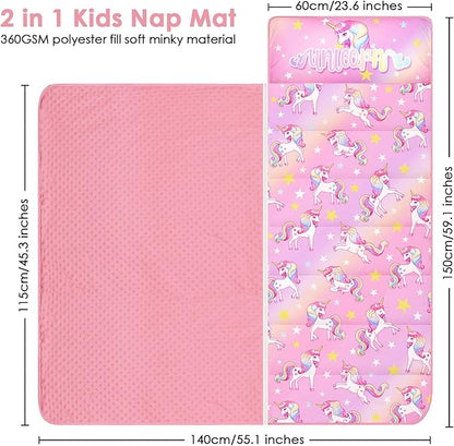 Kids Sleeping Bag Nap Mat with Removable Pillow and Blanket,Extra Thick Large 2 in 1 Slumber Bags for Boys Girls,Toddler Nap Mat for Preschool Daycare Travel Camping