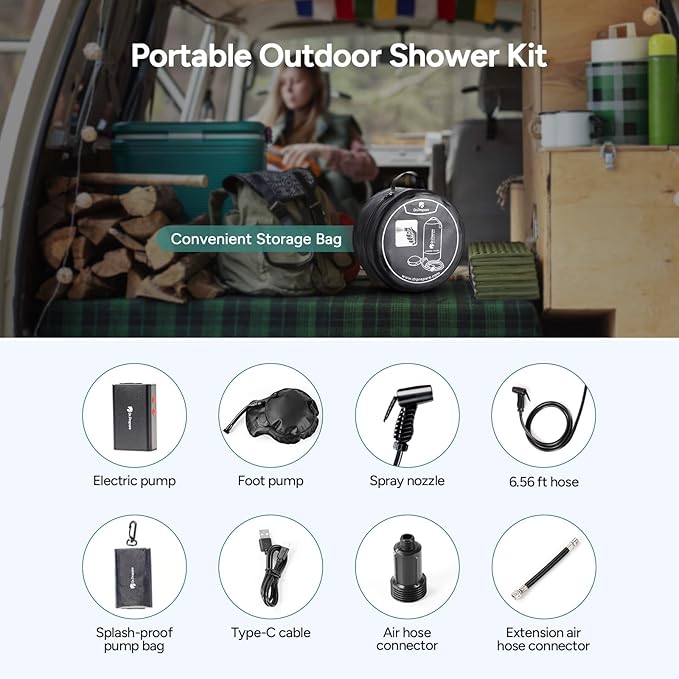 DR.PREPARE Portable Shower with Rechargeable Electric Pump, 4 Gallons/5 Gallons Outdoor Camp Shower Bag, Fast Inflation, Dual Shower Options, Portable for Camping, Hiking, Beach