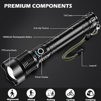 Rechargeable Flashlights 900,000 Lumens, Super Bright LED Flashlight High Lumens with USB Cable, 5 Modes Waterproof Flashlight Powerful Flash Light for Camping, Black