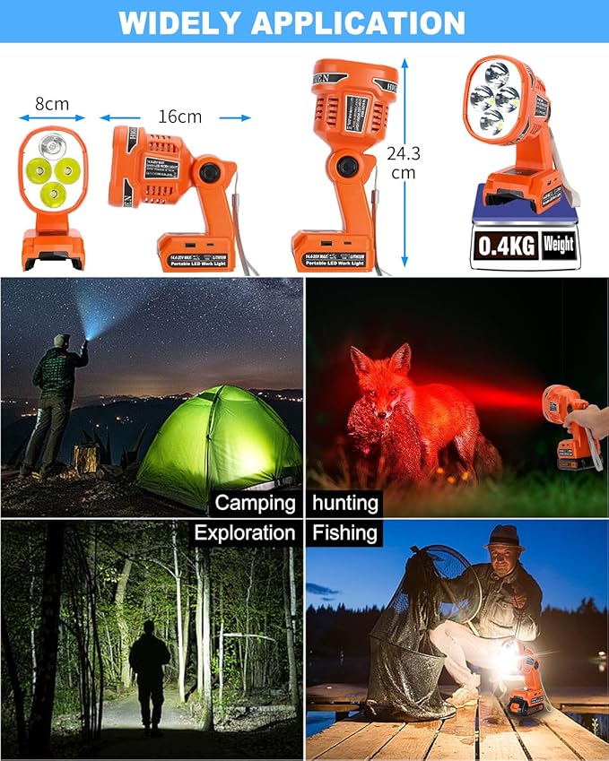 Cordless LED Flashlight for Black and Decker 20v Battery, 22W LED Work Light with USB-A&USB-C 2.1A Fast Charging Ports for Jobsite, Car Repairing, Camping, Emergency