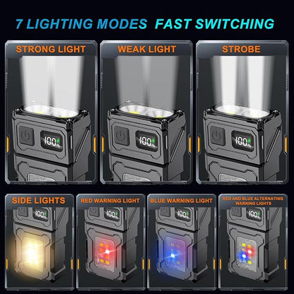 Mini LED EDC Tactical Flashlight - Multifunctional Outdoor Flashlight for Night Working, Running, Camping, Fishing, Hiking, USB C Charging Warning Flash Light Mobile Phone Emergency Power Bank