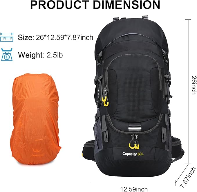 ShowyLive 60L Waterproof Hiking and Camping Backpack for Men - Durable, Lightweight Large Hiking Backpack with Rain Cover, Multi Compartments, and Adjustable Straps, Black