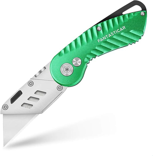 FantastiCAR Folding Utility Knife, Quick Blade Change Box Cutter, Anti-slip Metal Body, with Safety Lock and 5 Extra Blades (Summer Green)