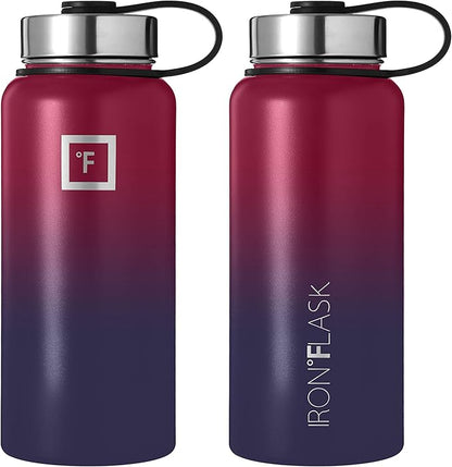 IRON °FLASK Camping & Hiking Hydration Flask, Wide Mouth, 3 Spout Lids, Stainless Steel Outdoor Water Bottle, Double Walled, Insulated Thermos, Metal Canteen - Dark Rainbow, 32 Oz