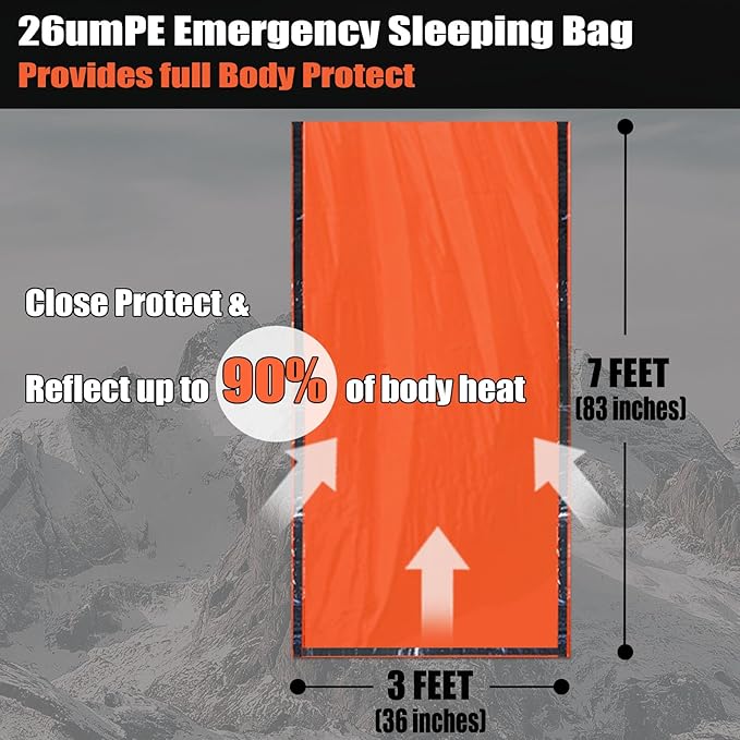 Frelaxy Emergency Sleeping Bag 1-Pack/2-Pack, Extra-Thick Compact Survival Bivy with Whistle, Storage Pouch, and EVA case, Perfect for Survival Kits (Orange - 1 Pack)
