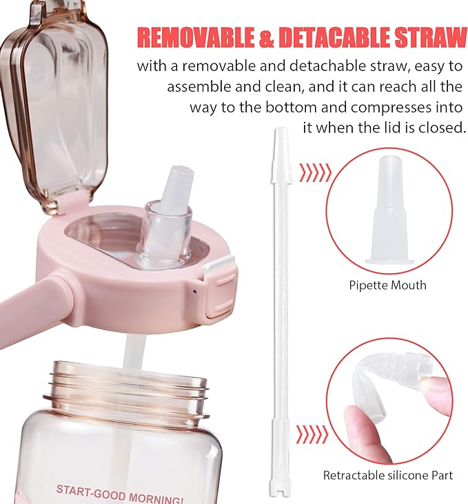 64oz Half Gallon Water Bottle With Sleeve, Water Bottles with Time Marker/Straw/Chug One Lids, Leakproof Tritan BPA Free Reusable Water Jug Easy Carry for Adult and Kids Gym Sports Outdoors