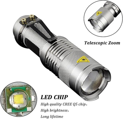 6 Pack,Pocketman 7W 300LM 3 Modes Mini Light Silver LED Tactical Flashlight