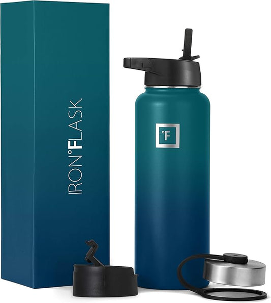 IRON °FLASK Camping & Hiking Hydration Flask, Wide Mouth, 3 Straw Lids, Stainless Steel Outdoor Water Bottle, Double Walled, Insulated Thermos, Metal Canteen - Dark Night, 40 Oz
