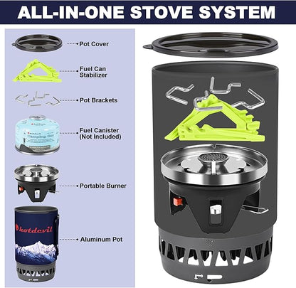 1.4L Backpacking Camping Stove Cooking System with Piezo Ignition, Outdoor Portable Burner with Pot & Brackets Camp Stove Camping Stove Kit Propane, Ideal for Hiking Fishing Hunting Emergency