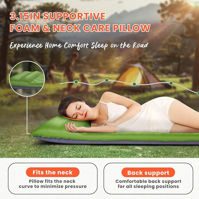 3.2" Ultra Thick Self Inflating Sleeping Pad, Fast Inflating Camping Mattress with Memory Foam, Camping Mat with Pillow & Pump Sack, 4 Season Insulated Sleeping Pad for Camping, Tent