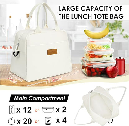 LOKASS Lunch Bag for Women-Insulated Adults Lunch Box with Front Pocket- Small Cute Lunch Tote for Work-Reusable Cooler Bag for Office Picnic Beach or Travel（White）