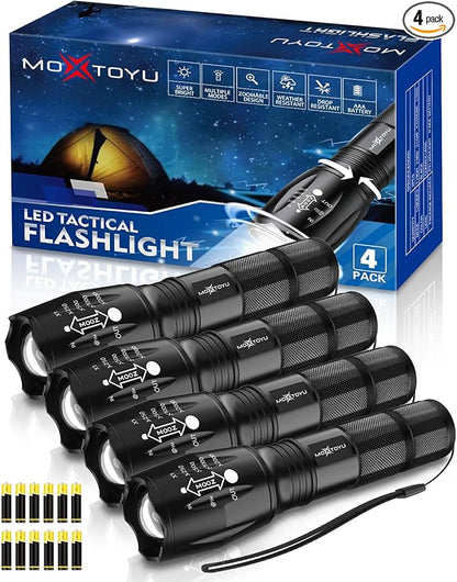 Flashlight 4 Pack, 5 Modes 2000 Lumen Tactical LED Flash Light, High Lumens Bright Waterproof Flashlights, Zoomable Flash Lights for Camping, Emergencies, Outdoor, Home, Gift for Men Adult