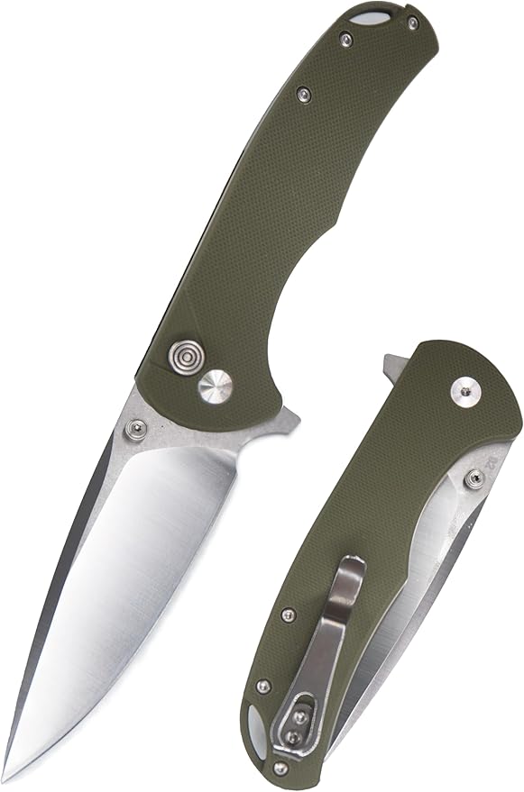 FD04 Folding Pocket Knife, D2 Steel Blade G10 Handle and Button Lock EDC Pocket Cool Knife for Men and Women, Camping Hunting Hiking Fishing Knives Tools (Green Drop)