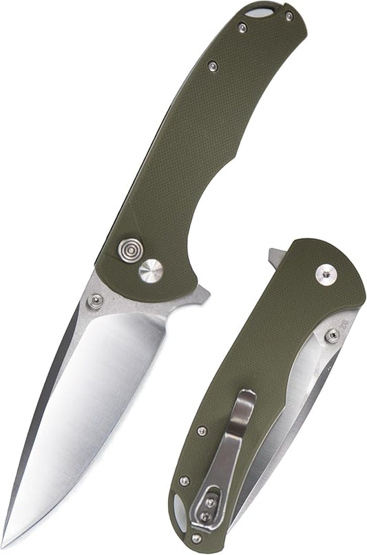 FD04 Folding Pocket Knife, D2 Steel Blade G10 Handle and Button Lock EDC Pocket Cool Knife for Men and Women, Camping Hunting Hiking Fishing Knives Tools (Green Drop)