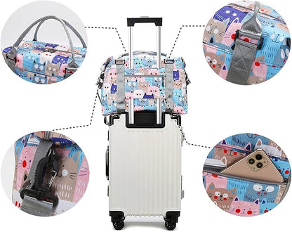 Travel Duffle Bag Weekender Overnight Bag Gym Tote with Wet Pocket for Women Girls Workout Duffel Bag Water Resistant (W-Cute Cats+Toiletry Bag)