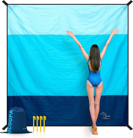 OCOOPA Beach Blanket, Sand Free, Large Oversized Beach Blanket, Comfortable Parachute Nylon, Cozy& Chic, Compact& Light, Reinforced Windproof, 4 Stakes&1 Travel Bag, S09