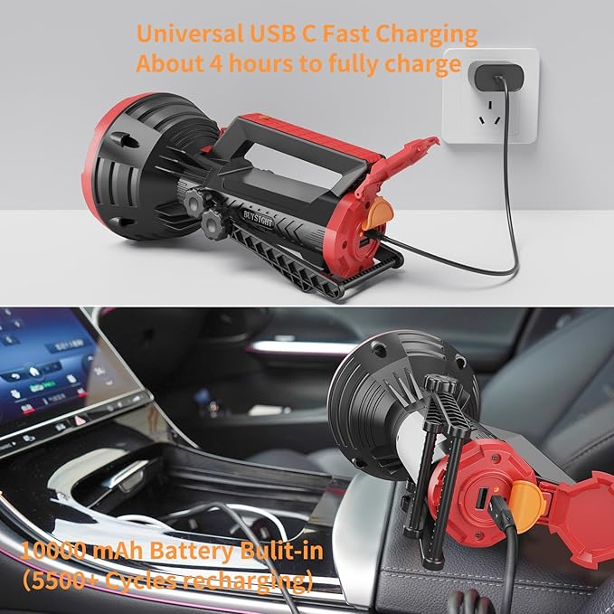 BUYSIGHT Rechargeable Spotlight Flashlight, 1000,000 lumens 600 Yards Range IP65 Waterproof Spot Lights Handheld Large searchlight with red Lens Side Flood Light Light USB C Recharge (Crimson Plus)