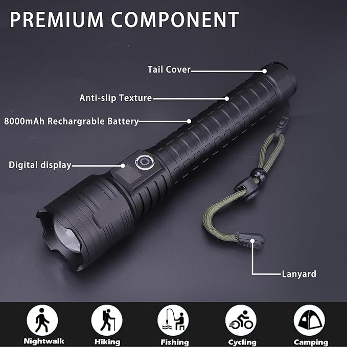 Flashlights High Lumens 12000Lumen Flashlight 5 Modes Power Display IP44 Waterproof, Zoomable High Power Flashlight for Camping Hiking Gift, Flashlights for Emergencies（9.6 * 2）(Battery Free)