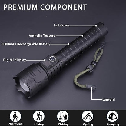 Flashlights High Lumens 12000Lumen Flashlight 5 Modes Power Display IP44 Waterproof, Zoomable High Power Flashlight for Camping Hiking Gift, Flashlights for Emergencies（9.6 * 2）(Battery Free)
