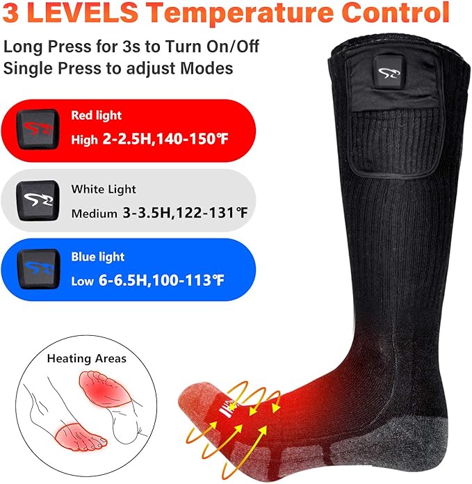 Battery Heated Socks - Rechargeable Warm Winter Socks for Men Women, Foot Warmers for Camping Hunting Running Hiking Riding Skiing Cycling Motorcycle Cold Feet