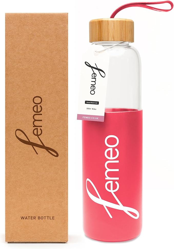 Femeo® Glass Water Bottle for Women | Eco, Yoga & Gym Friendly, 18oz | 100% Leakproof, BPA-Free, Dishwasher Safe, Borosilicate Drinking Glass Bamboo Sports Cap Pink