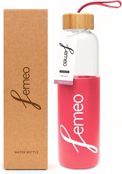 Femeo® Glass Water Bottle for Women | Eco, Yoga & Gym Friendly, 18oz | 100% Leakproof, BPA-Free, Dishwasher Safe, Borosilicate Drinking Glass Bamboo Sports Cap Pink