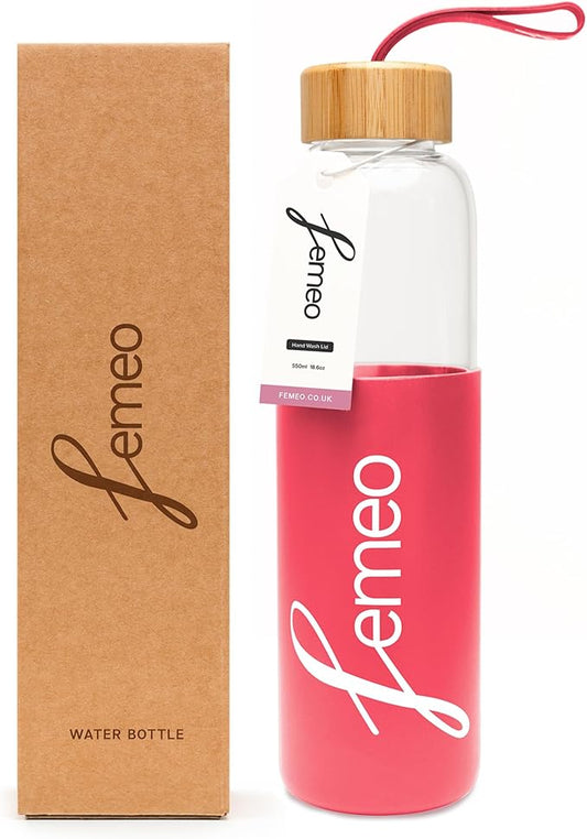 Femeo® Glass Water Bottle for Women | Eco, Yoga & Gym Friendly, 18oz | 100% Leakproof, BPA-Free, Dishwasher Safe, Borosilicate Drinking Glass Bamboo Sports Cap Pink