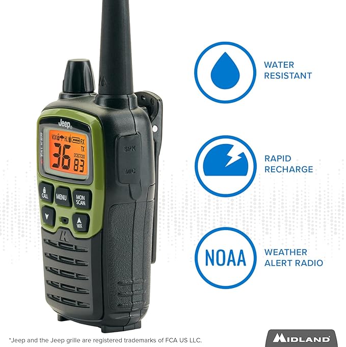 Midland - T77VP5J FRS Jeep® X-TALKER Extreme Dual Pack - 22 Channels, 121 Privacy Codes, Water Resistant - Clear Communication with Weather Alert - Jeep® Branded Carrying Case & Headset Included