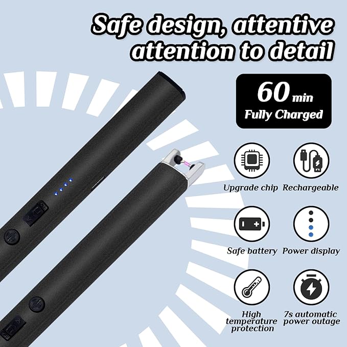 2 PCS Candle Lighter,Windproof Flameless Electric Lighter with LED Power Display ＆ Safety Switch, Upgraded Plasma USB Rechargeable Lighter for Birthday Camping BBQ (Black)