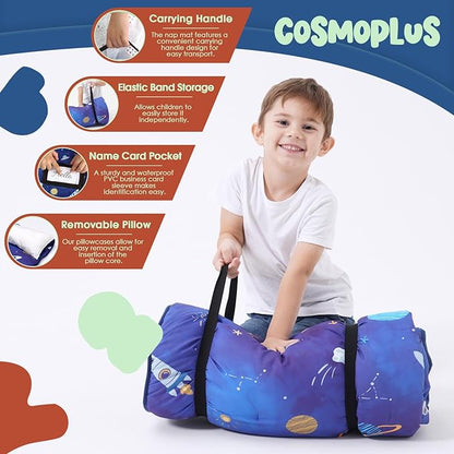 COSMOPLUS Toddler Nap Mat for Daycare: Kids Sleeping Bag with Pillow and Blanket Set for Preschool Kindergarten Boys Girls Travel Naptime Extra Long Thick Padded Easy Roll up