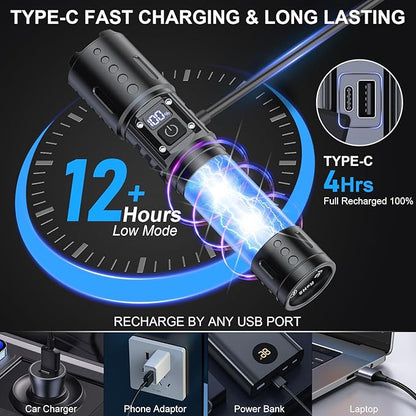 Flashlights High Lumens Rechargeable - 20,000 Lumens Super Bright Tactical LED Flash Light, Dimmable&Memory Function Powerful Waterproof Flashlight for Camping,6 Modes,Zoomable,LCD Display (2, Black)