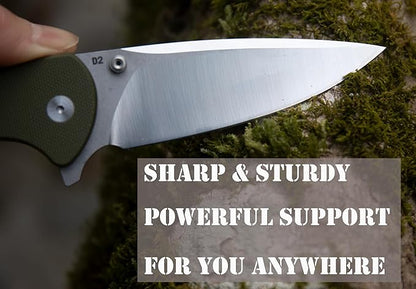 FD04 Folding Pocket Knife, D2 Steel Blade G10 Handle and Button Lock EDC Pocket Cool Knife for Men and Women, Camping Hunting Hiking Fishing Knives Tools (Green Drop)