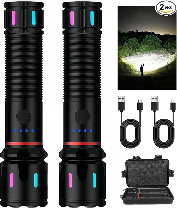 2 Pack LED Rechargeable Flashlights High Lumens, 1000+ Lumens Super Bright Zoomable Fluorescent Flashlights, Waterproof Powerful Multifunctional Flashlights for Home Camping Hiking