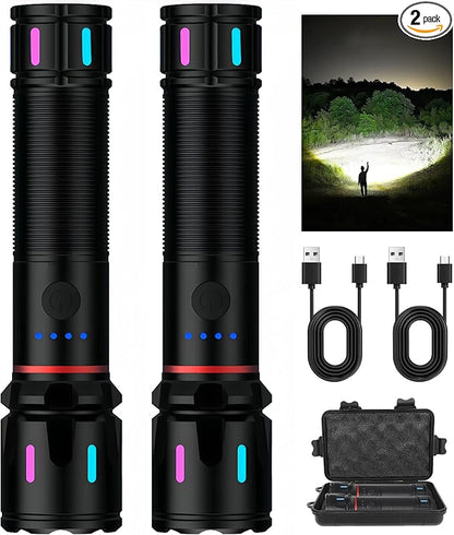 2 Pack LED Rechargeable Flashlights High Lumens, 1000+ Lumens Super Bright Zoomable Fluorescent Flashlights, Waterproof Powerful Multifunctional Flashlights for Home Camping Hiking
