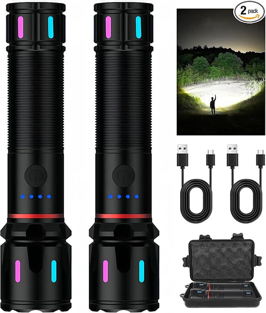 2 Pack LED Rechargeable Flashlights High Lumens, 1000+ Lumens Super Bright Zoomable Fluorescent Flashlights, Waterproof Powerful Multifunctional Flashlights for Home Camping Hiking