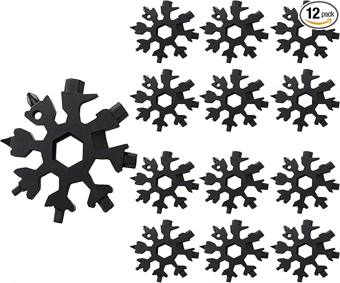 12PCS 19-in-1 Snowflake Multitool, Portable Stainless Steel Wrench,Bottle Opener/Flat Phillips Screwdriver Kit/Wrench for Outdoor Camping,Travelling for Christmas Gift(Black)