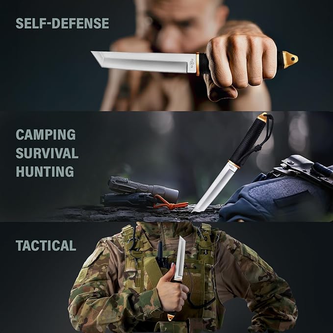 Tanto Camping Knife with Sheath - 3+ Colors - 5.9" Fixed Full Tang Mirror Polished Blade - Cool Survival Knives with Black Paracord Handle - Tactical Work Knives for Hunting Hiking EDC 2307 Silver