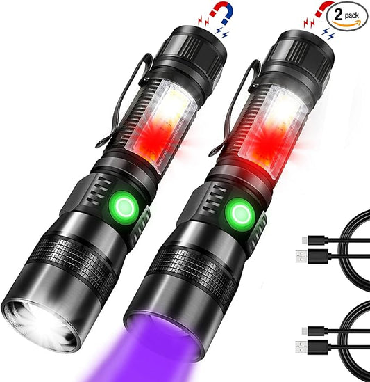 Rechargeable UV Flashlight, 3in1 Tactical Flashlight LED UV Black Light with Redlight, 1200 High Lumen Magnetic LED Flashlight with COB Sidelight, 7 Mode, Zoomable, Waterproof for Camping 2Pack