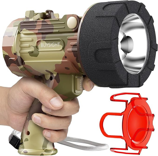 BUYSIGHT Rechargeable Spotlight Flashlight,1000,000 lumens Hand held Spotlight Waterproof Flashlight Hunting Lamp with red Filter (Camouflage Grey)