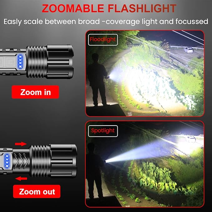 Rechargeable LED Tactical FLashlight 8000 High Lumens, Super Bright LED Flashlight with Power Display, Zoomable, COB Work Light,Waterproof,5 Modes,Powerful Handheld Flashlight for Camping 2 Pack